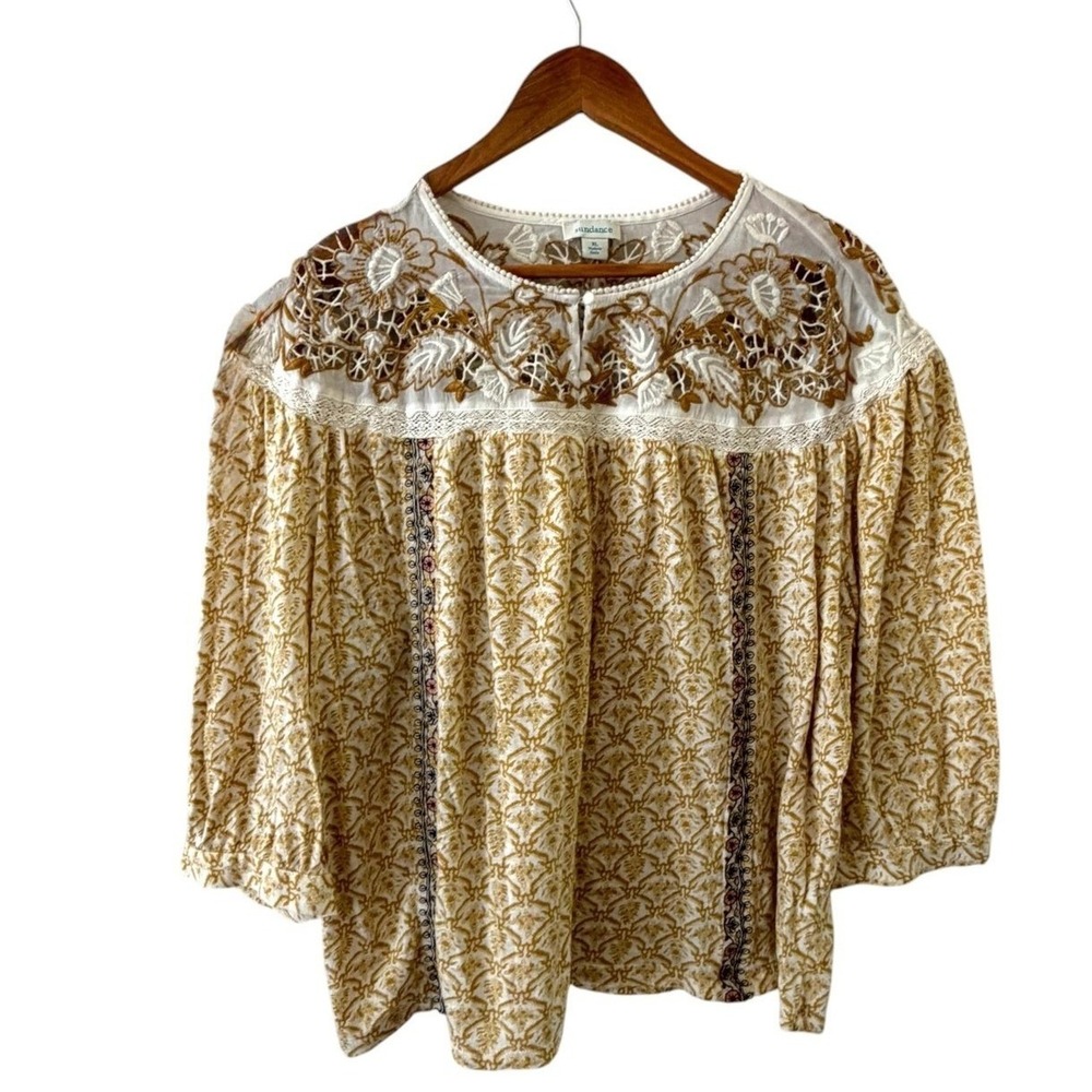 Sundance Embroidered Tunic Top Womens XL Yellow Lace Boho Floral Sheer Peasant